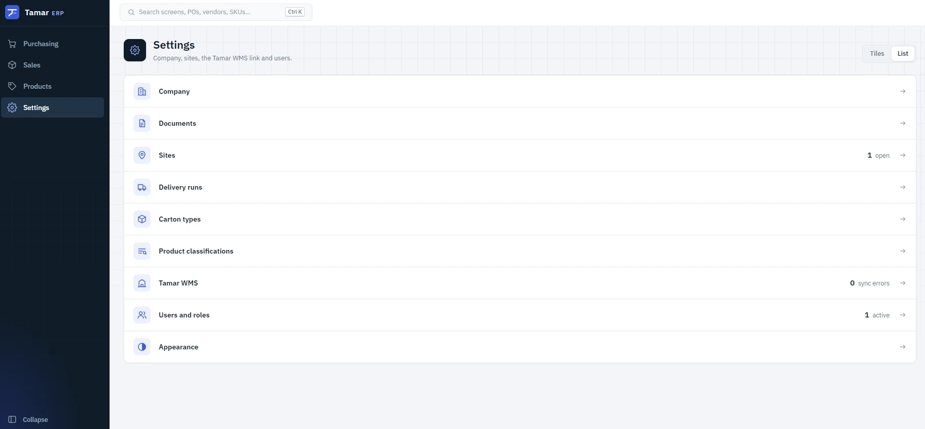 Tamar ERP settings: company, documents, sites, delivery runs, carton types, product classifications, the Tamar WMS link, users and appearance.